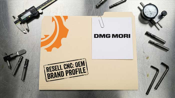 Used DMG MORI CNC machine on a production floor, representing the brand formed by the merger of Germany's Gildemeister and Deckel Maho with Japan's Mori Seiki. Featured in the Resell CNC Brand Profile covering the merger, the catalog, CELOS control, and why used DMG MORI holds value.