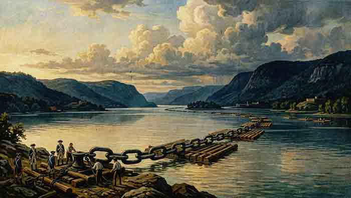 The Great Chain stretched across the Hudson River at West Point during the Revolutionary War.