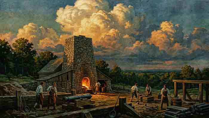 A colonial blast furnace at an iron plantation casting cannon during the American Revolution.