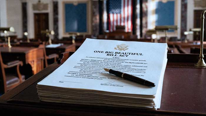 One Big Beautiful Bill Act legislation on a desk in a congressional chamber with an American flag, illustrating the 2025 tax law's impact on machine shops and manufacturing