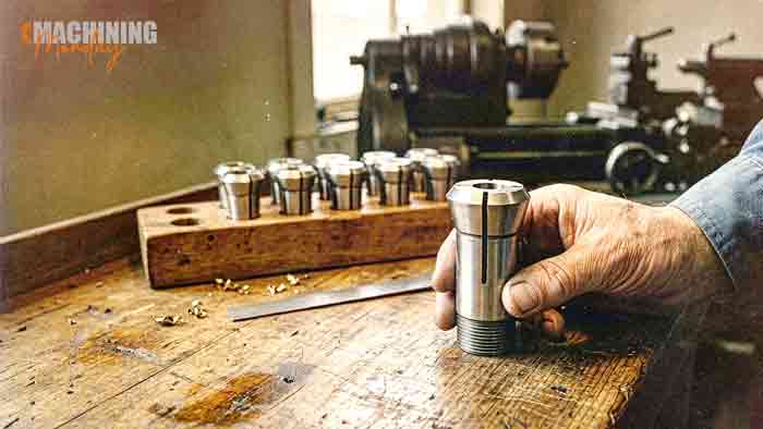 A machinist's hand holds a 5C collet on a worn wooden workbench, with a rack of 5C collets and a manual lathe behind it.