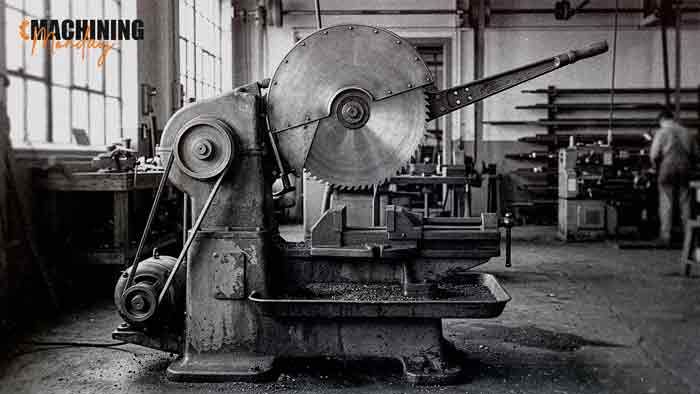  Illustration of an idle 1930s American cold saw, belt driven through a gear reduction housing, with an empty vise