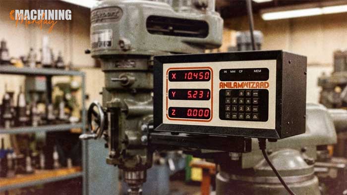 Vintage Anilam Wizard digital readout (DRO) mounted on a manual Bridgeport milling machine, its red LED display showing X, Y, and Z axis coordinates.