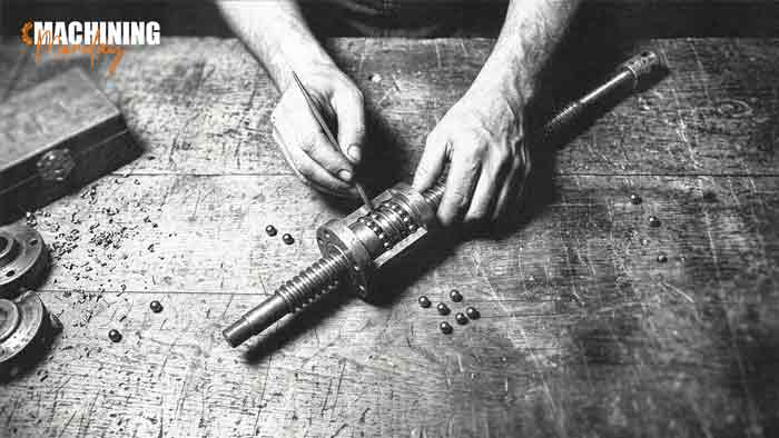 Machinist's hands inspecting a disassembled CNC ball screw and recirculating ball nut on a workbench, with loose hardened steel balls scattered around the shaft, illustrating how a ball screw drives a CNC axis.