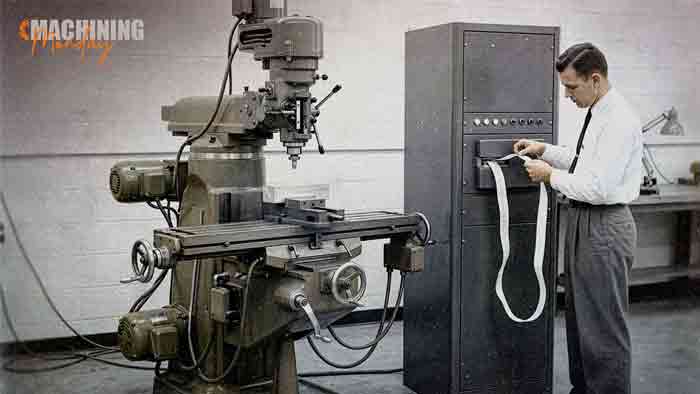 Black-and-white illustration of a 1950s machinist threading punched paper tape into a control cabinet beside a knee mill