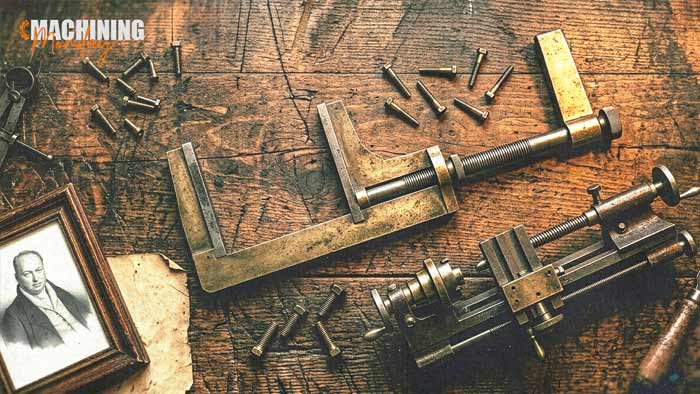 Henry Maudslay's early screw-cutting lathe with slide rest and leadscrew, the machine that made standardized, interchangeable threads possible and founded precision machining.