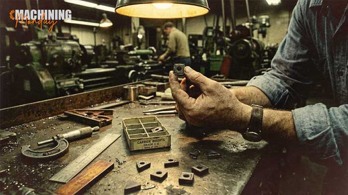 Machinist holding a carbide indexable insert up to the light in a vintage machine shop, a box of Grade C-2 carbide inserts and a micrometer on the bench | Machining Monday