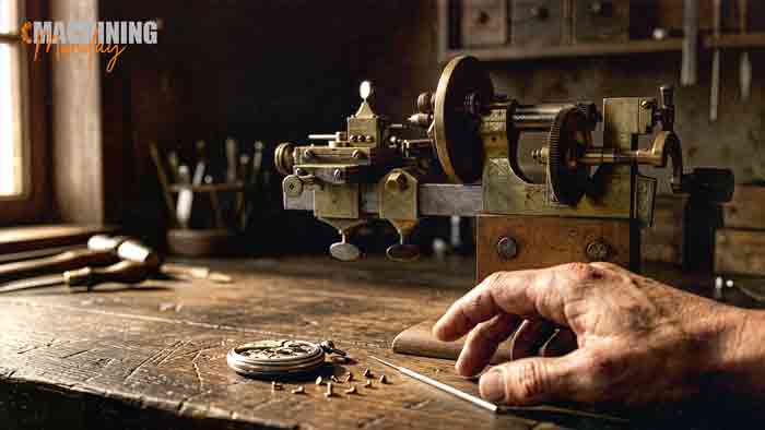 An antique brass watchmaker's precision lathe on a workbench beside a pocket-watch movement, tiny screws, a loupe, and a craftsman's hand