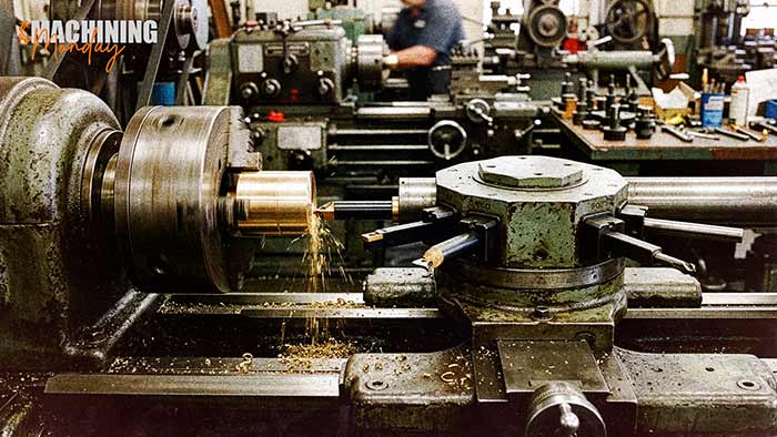 Turret lathe with a revolving multi-station tool head, the 1845 Stephen Fitch design that let a lathe run a sequence of operations without changing tools by hand.