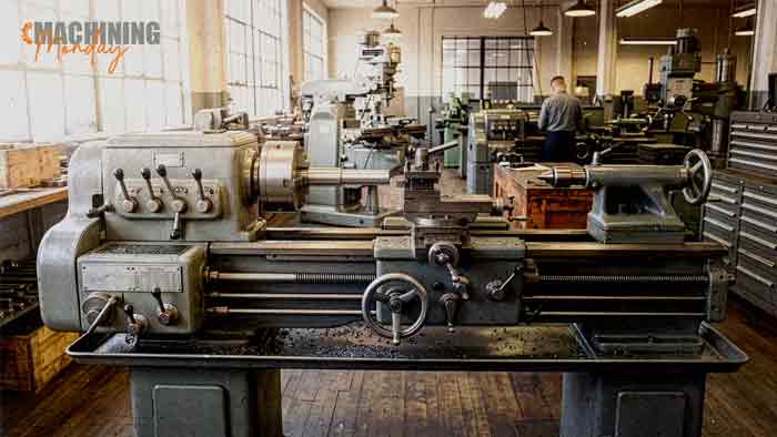 Engine lathe with headstock, bed, carriage and tailstock visible, the machine layout unchanged since 1800.
