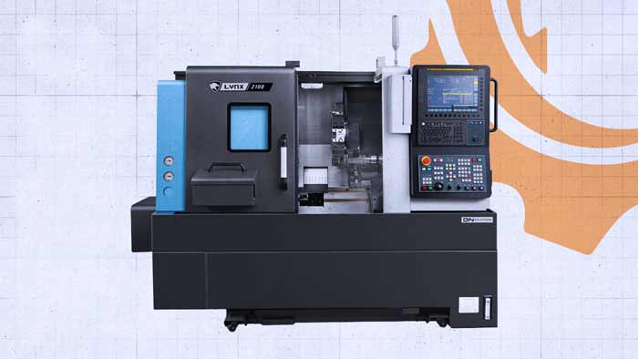 Doosan Lynx 2100 compact CNC turning center, front view showing the work zone door and control pendant