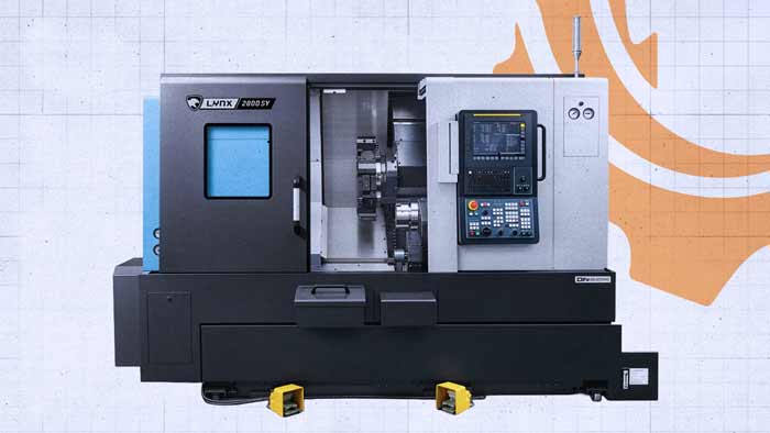 Doosan Lynx 2600 Turning Center Doosan Lynx 2600 CNC turning center with the door open, showing the 10-inch chuck, turret and roller linear guideways