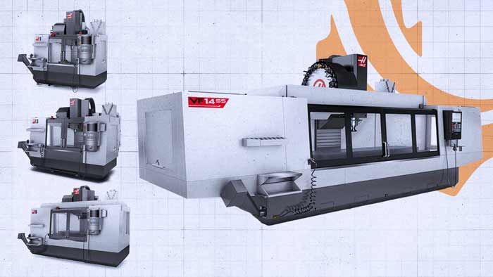 Haas VF Series Size Comparison Haas VF vertical machining centers compared by size: the VF-1, VF-3 and VF-6 alongside a long-bed VF-14SS