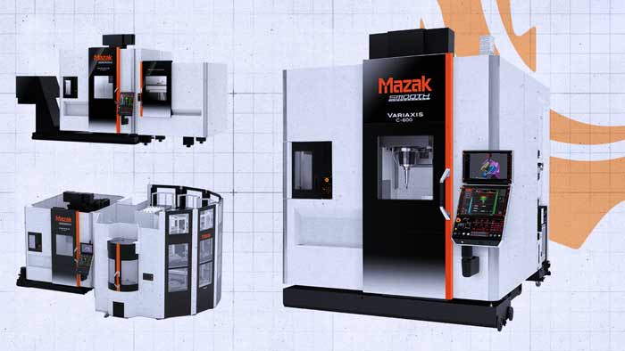 Mazak Variaxis C-600 5-Axis Machining Center and Pallet Automation Configurations Mazak Variaxis C-600 simultaneous 5-axis machining center shown with Mazatrol SmoothAi control, a two pallet changer, and a multi pallet cell