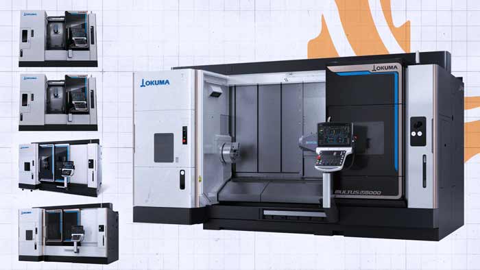 Okuma MULTUS multitasking turn-mill with its B-axis milling head, where the B and U letters mean less than buyers assume.