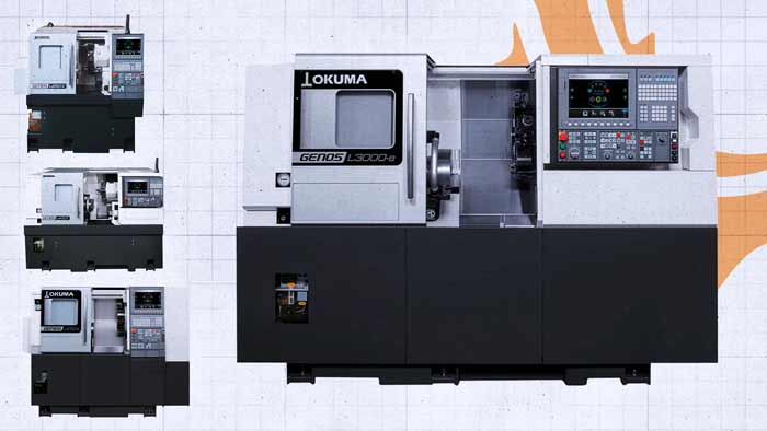 Okuma GENOS L turning center lineup showing L250II, L400II, L2000-e and L3000-e models by configuration class