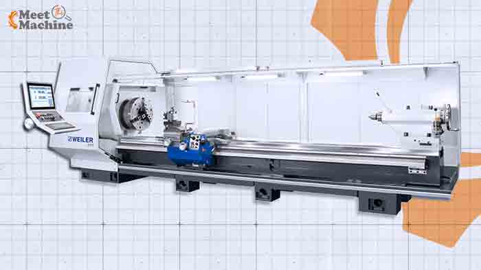 Used Weiler E90 big-bore cycle-controlled flat-bed CNC lathe, available through Resell CNC.