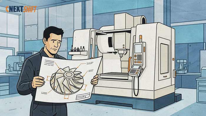 Machinist studying a drawing of a 5-axis impeller in front of a 3-axis CNC vertical machining center