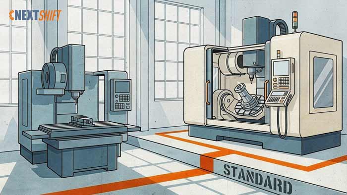 Editorial illustration of a 3-axis CNC vertical mill beside a 5-axis trunnion machining center, with STANDARD stenciled on the shop floor in the 5-axis machine's bay, showing 5-axis becoming the shop-floor standard.