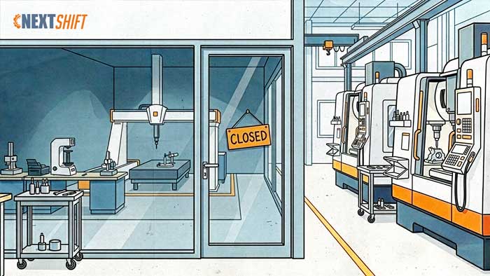 Editorial illustration of a closed CMM inspection room with a bridge coordinate measuring machine behind glass, as on-machine probing moves quality inspection onto the CNC shop floor.