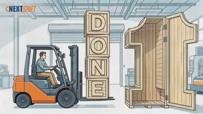 Illustration of a forklift carrying crates spelling DON next to a large wooden number one crate on a shop floor