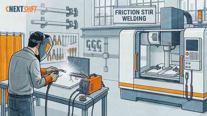 Friction stir welding tool joining aluminum plates, Next Shift series header