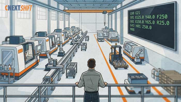 Machinist overlooking a modern CNC machine shop floor with G-code displayed on a large control screen