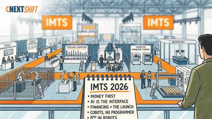 Illustration of a notepad listing five IMTS 2026 takeaways, propped above a trade show floor of booths and robot demos.