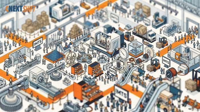 Isometric illustration of a crowded IMTS 2026 trade show floor with CNC machines, exhibits and visitors