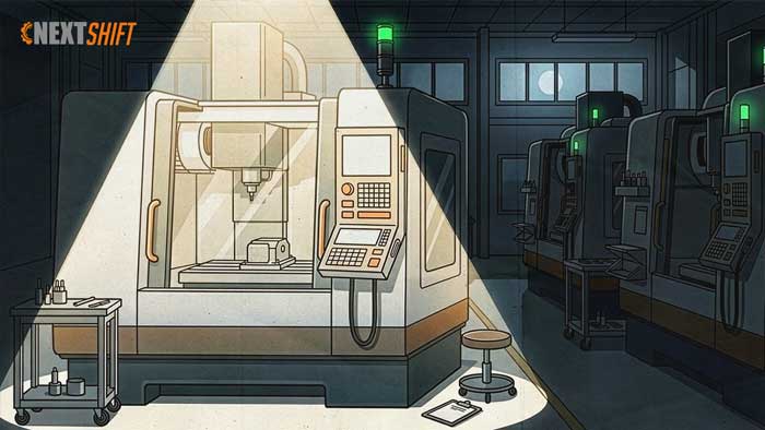 Lone CNC vertical machining center running unattended at night under a spotlight, green stack-light lit, empty operator stool and clipboard nearby