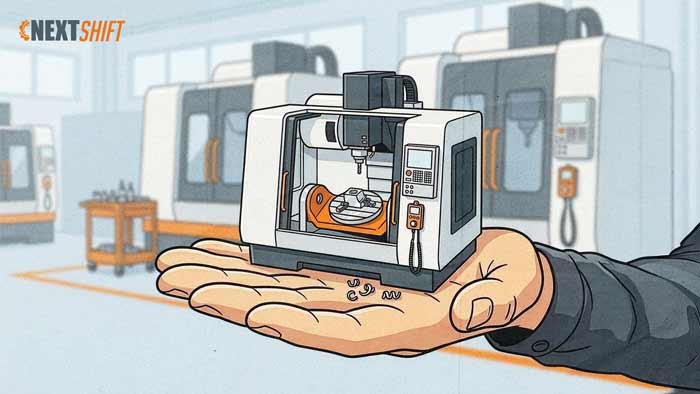 Micro machining close-up with Next Shift series badge