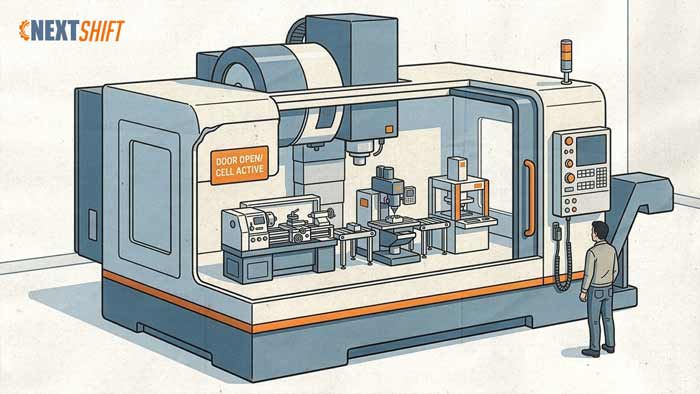 Multi-spindle CNC machining center cutting parts in parallel, consolidating operations into one machine