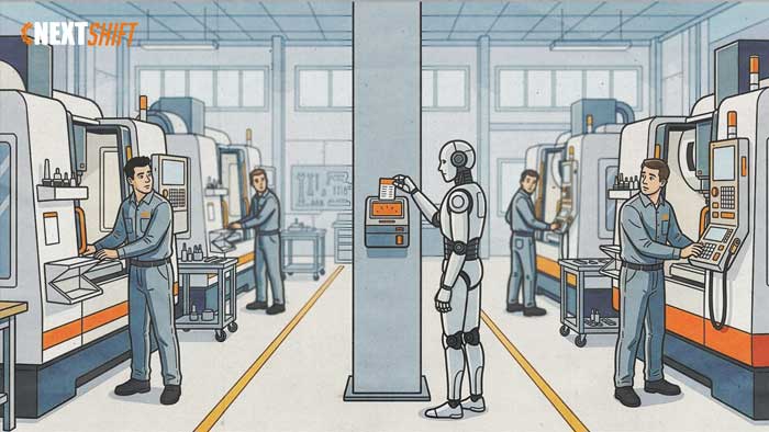 Humanoid robot punching a timecard at a machine shop time clock | Next Shift
