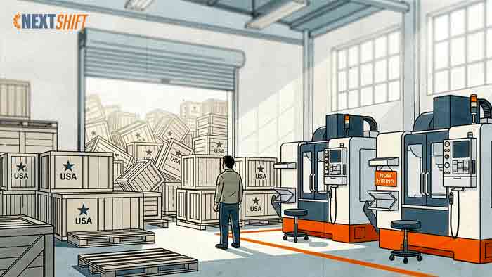 Row of CNC machining centers running on a busy U.S. shop floor amid reshoring demand