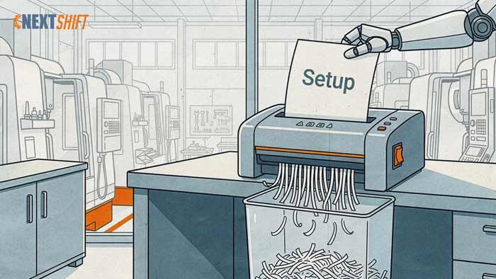 Editorial illustration of a robotic hand feeding a paper labeled Setup into an office shredder in a CNC machine shop, symbolizing AI process planning replacing the hand-written setup sheet.