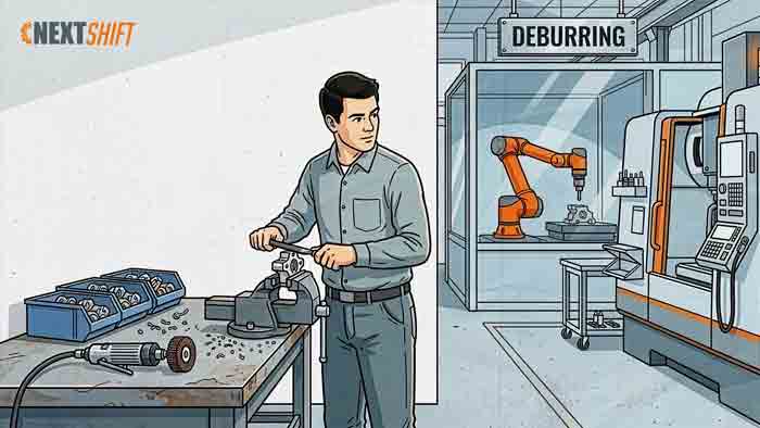 Machinist hand deburring a part at a shop bench while an orange robot arm deburrs parts in a cell behind him, Next Shift series header