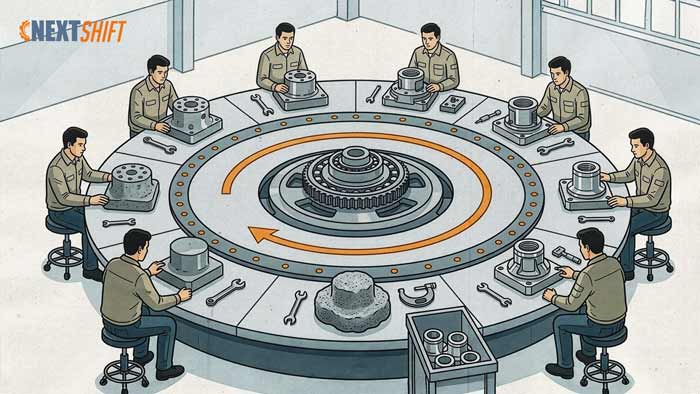 Editorial illustration of a rotary transfer machine shown as a round indexing table with workers at stations around it, a part advancing from raw slug to finished piece as the table turns, illustrating high-volume CNC production.
