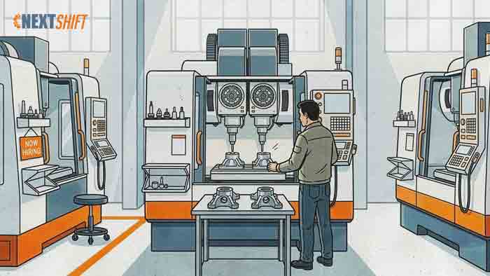 Twin-spindle vertical machining center cutting two parts at once, one operator, amid the labor shortage