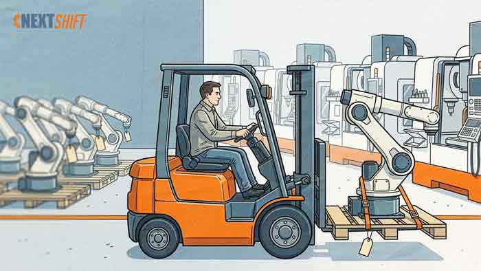 Illustration of a machinist driving an orange forklift carrying a strapped robot arm on a pallet past CNC machines