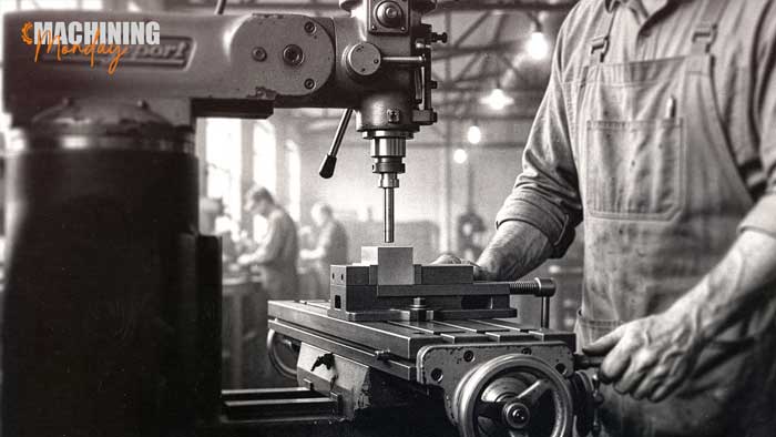 1950s machinist using a Starrett 827B wobble edge finder on a Bridgeport vertical mill 1950s American machinist at a Bridgeport Series 1 vertical knee mill using a Starrett 827B wobble-type edge finder to locate a workpiece edge, painterly black-and-white photograph from the Resell CNC Machining Monday series.